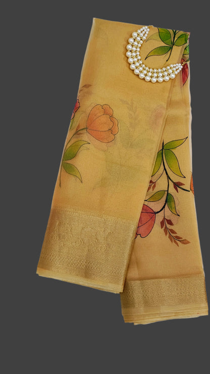 Mustard Yellow Kora Net Hand-Printed Banarasi Saree