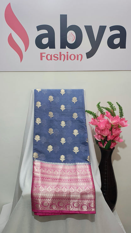 Blue Banarasi Silk Saree With Mango Contrast Weaving