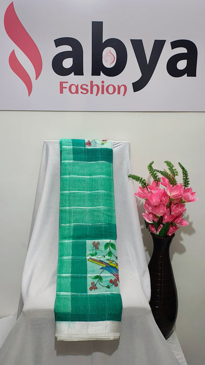 Green Kota Doria Hand Printed Banarasi Saree