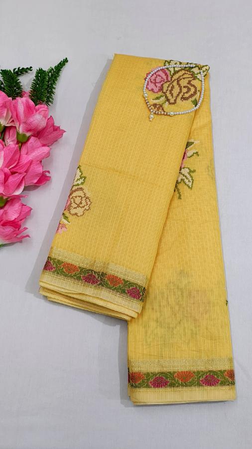 Yellow Kota Doria Embroidery Banarasi Saree