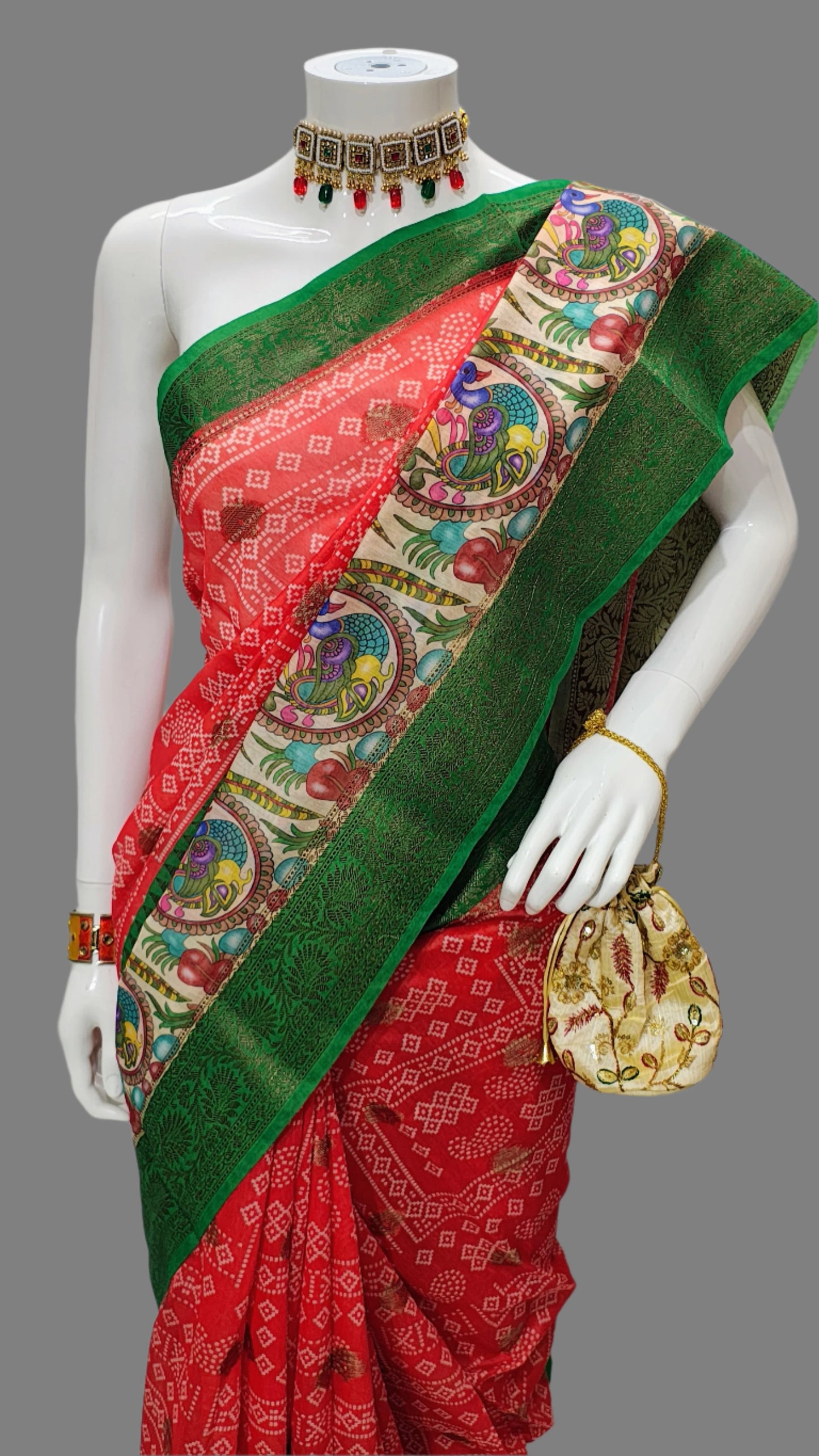 Red Chanderi Cotton Digital Print Banarasi Saree