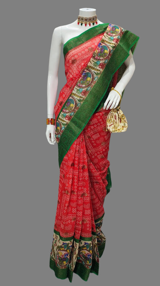 Red Chanderi Cotton Digital Print Banarasi Saree