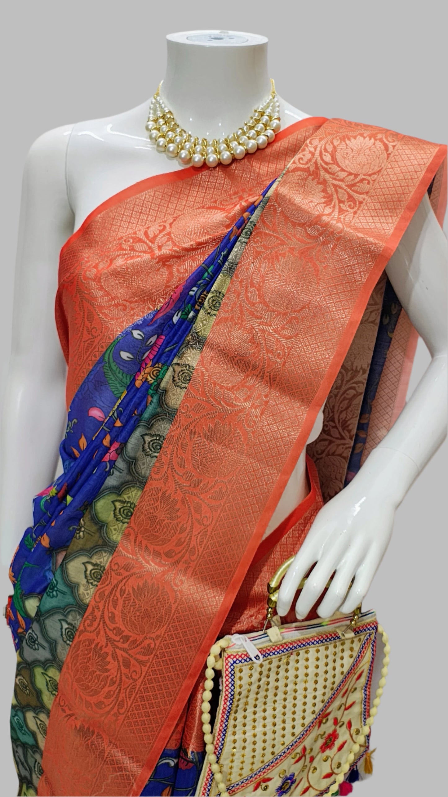 Blue Chanderi Cotton Digital Print Banarasi Saree