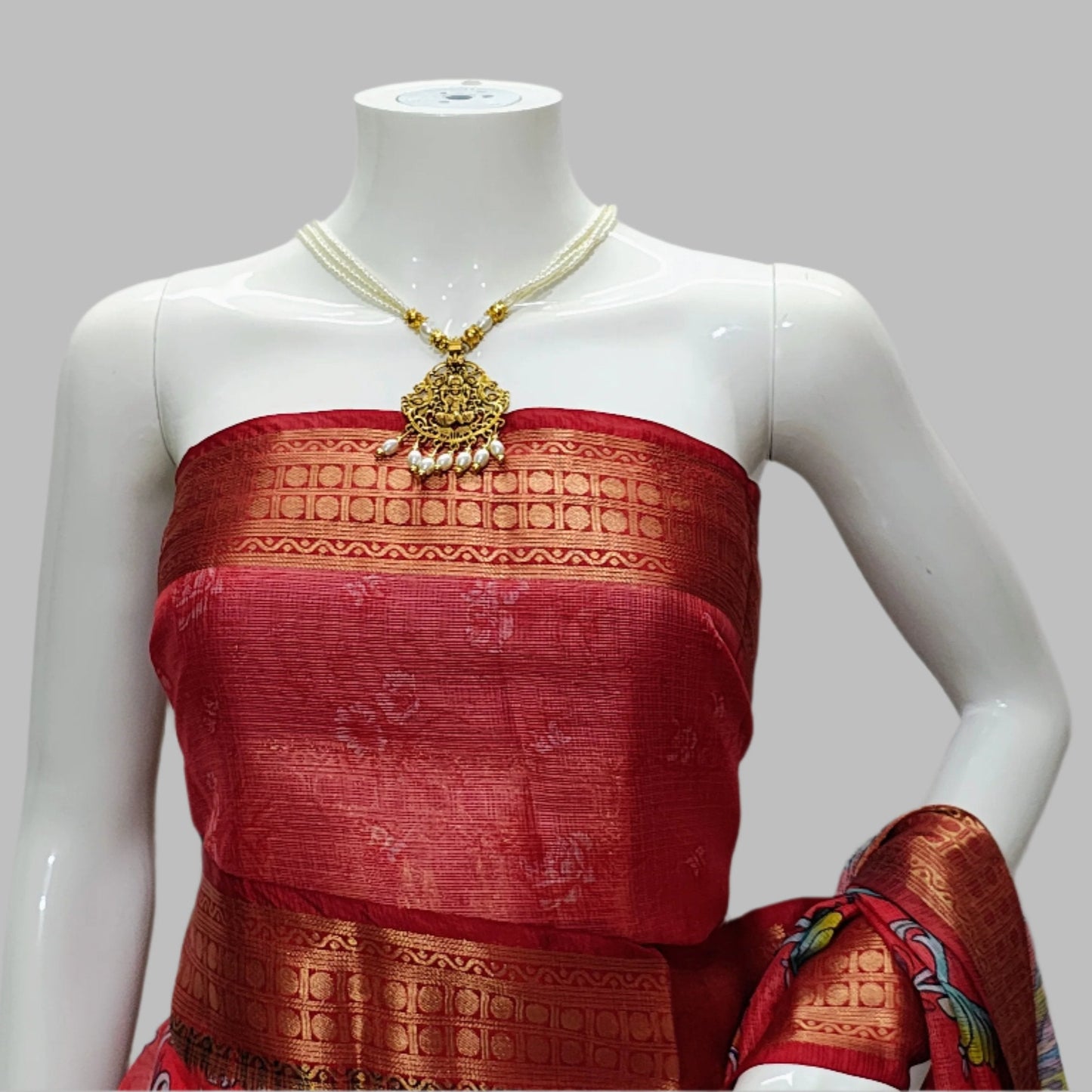 Red Kota Doria Kalamkari Digital Print Saree With Unstitched Blouse