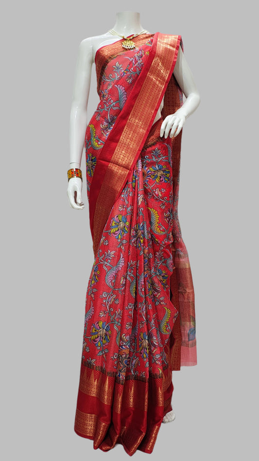 Red Kota Doria Kalamkari Digital Print Saree With Unstitched Blouse