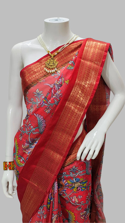 Red Kota Doria Kalamkari Digital Print Saree With Unstitched Blouse