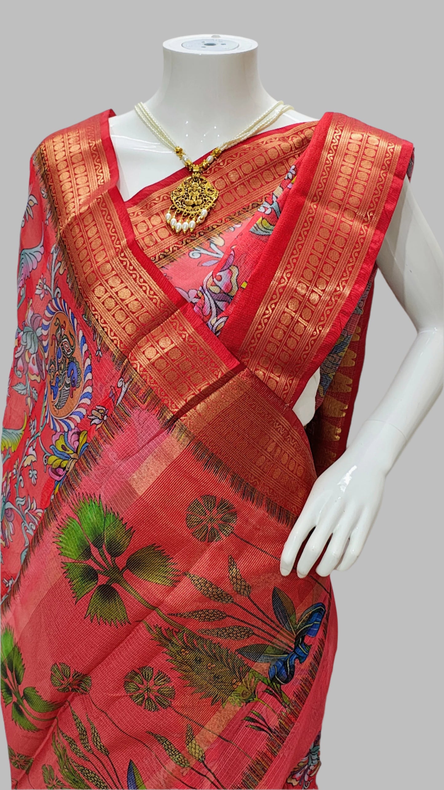 Red Kota Doria Kalamkari Digital Print Saree With Unstitched Blouse