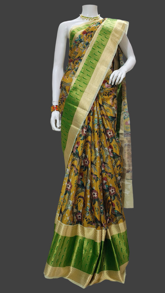 Yellow Worm Silk Muniya Digital Print Banarasi Saree