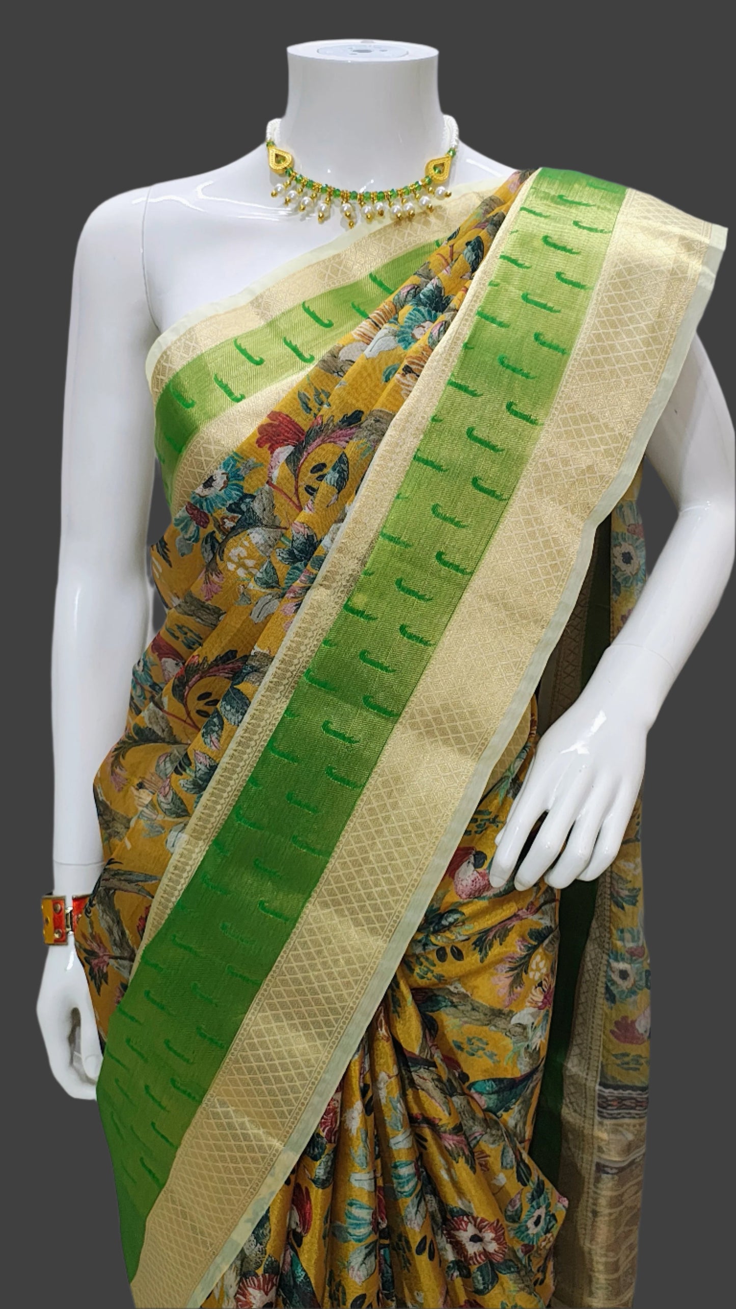 Yellow Worm Silk Muniya Digital Print Banarasi Saree