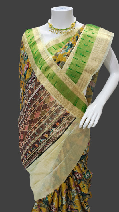 Yellow Worm Silk Muniya Digital Print Banarasi Saree