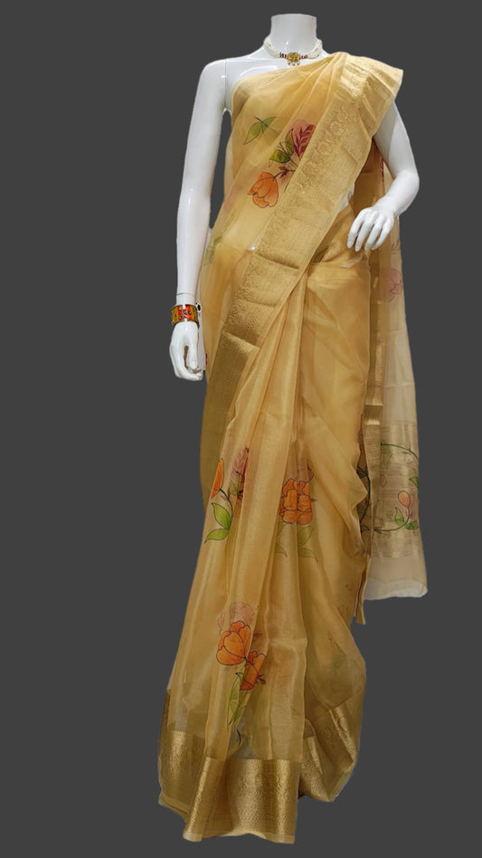 Mustard Yellow Kora Net Hand-Printed Banarasi Saree