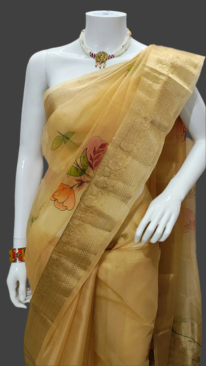 Mustard Yellow Kora Net Hand-Printed Banarasi Saree