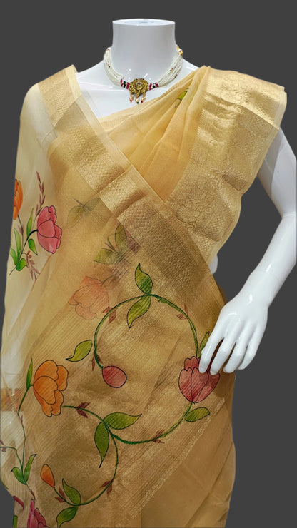 Mustard Yellow Kora Net Hand-Printed Banarasi Saree