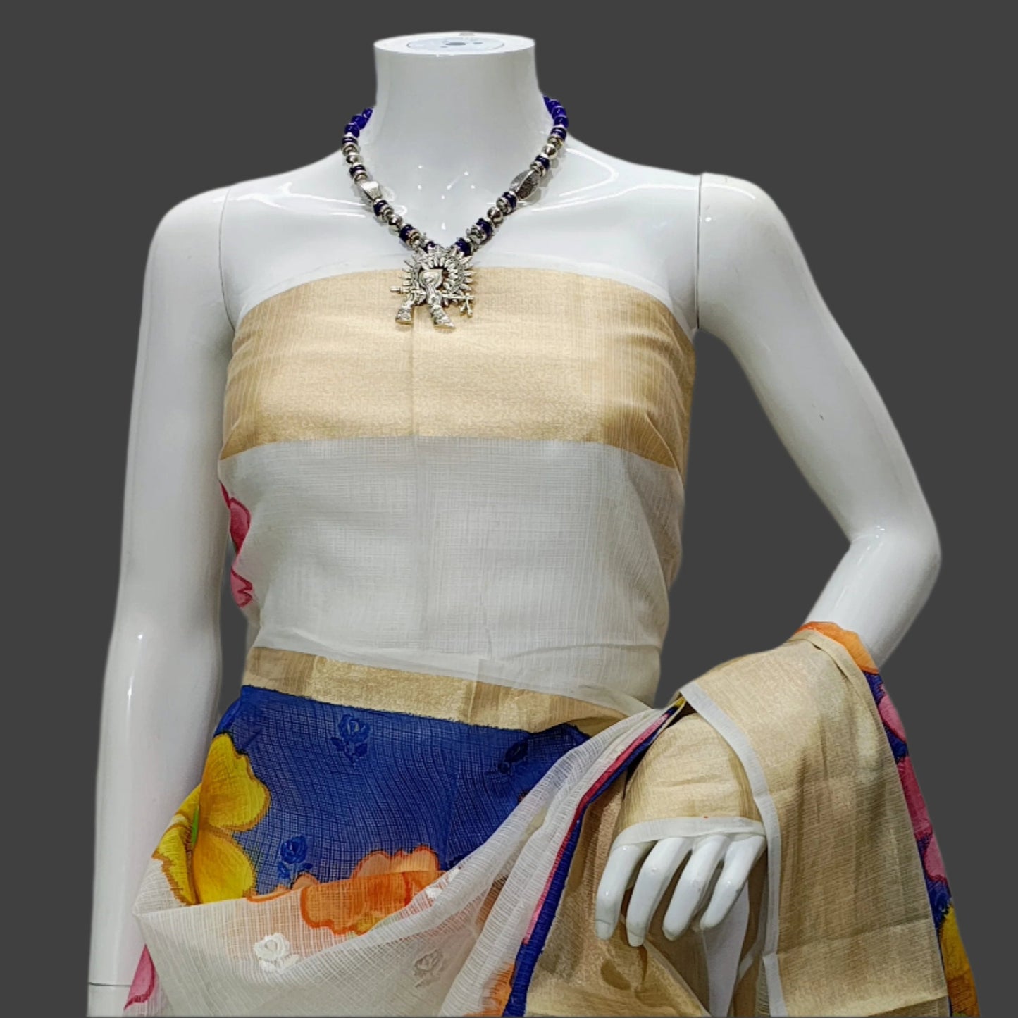 White Kota Doria Embroidery Banarasi Saree