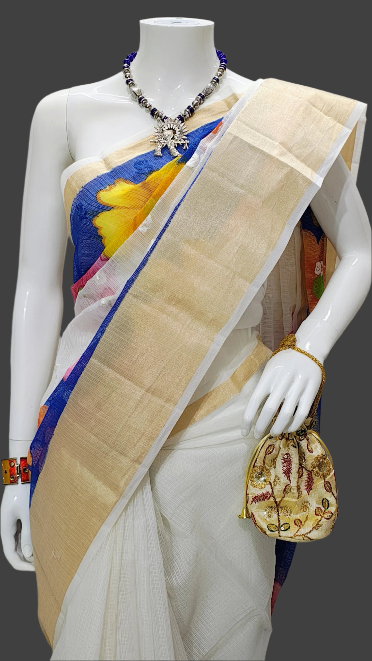 White Kota Doria Embroidery Banarasi Saree