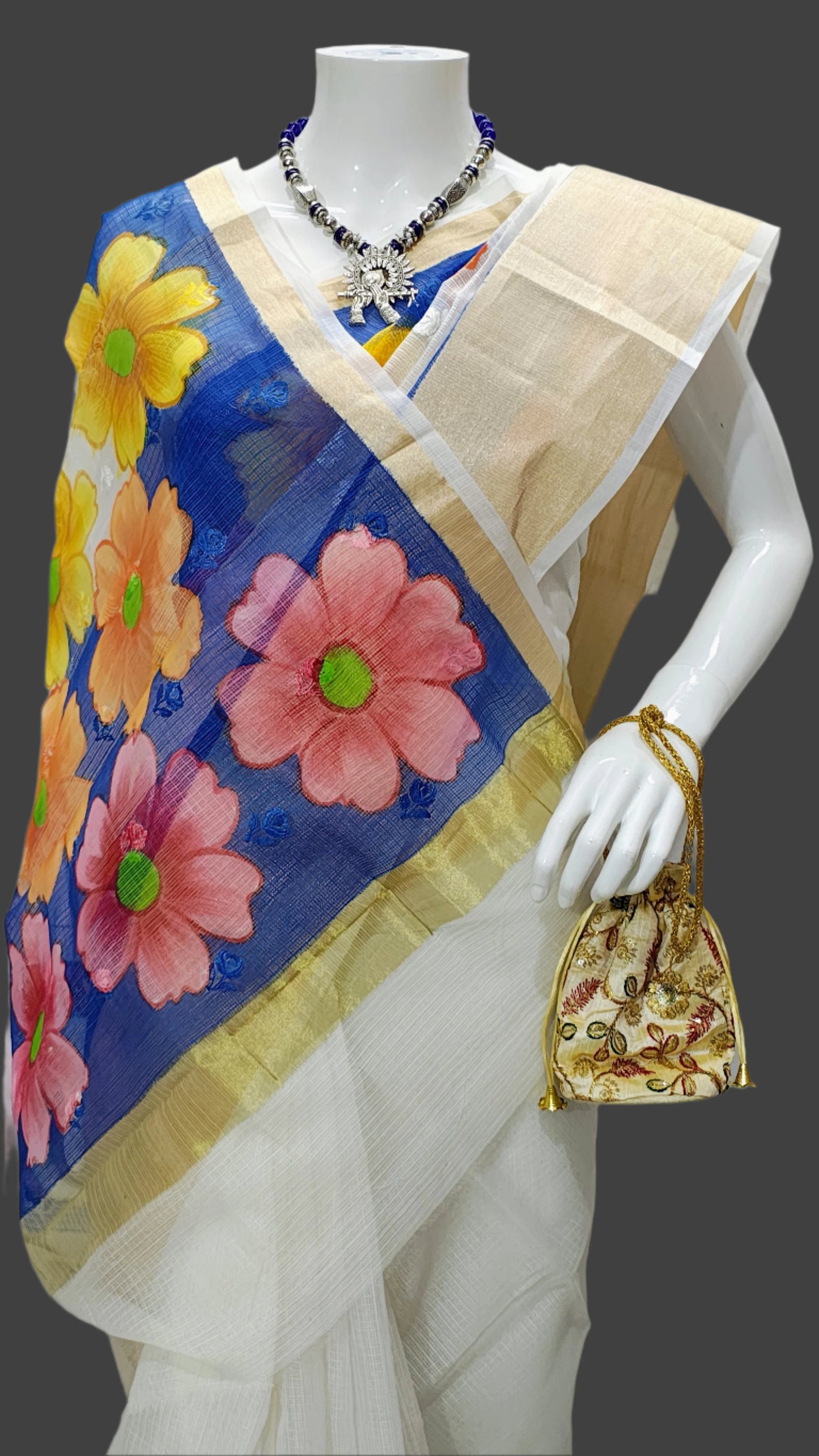 White Kota Doria Embroidery Banarasi Saree