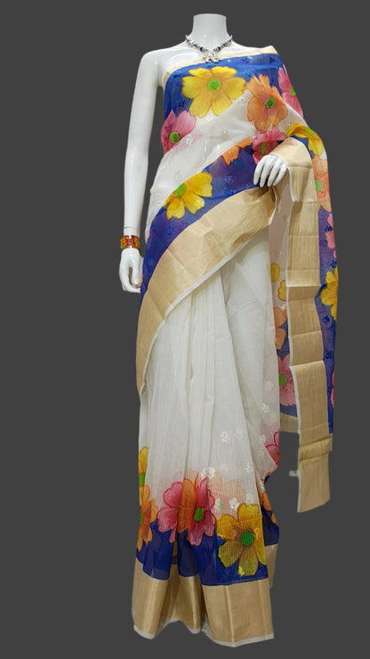 White Kota Doria Embroidery Banarasi Saree