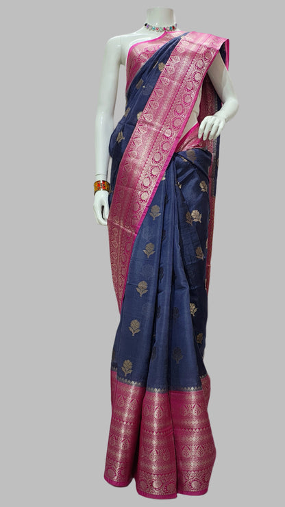 Blue Banarasi Silk Saree With Mango Contrast Weaving