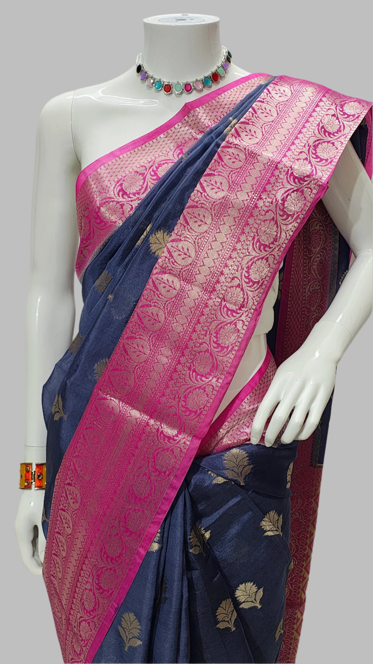 Blue Banarasi Silk Saree With Mango Contrast Weaving