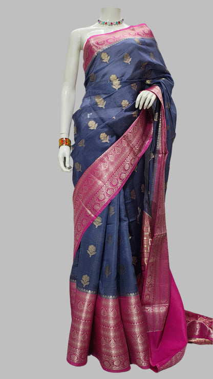 Blue Banarasi Silk Saree With Mango Contrast Weaving