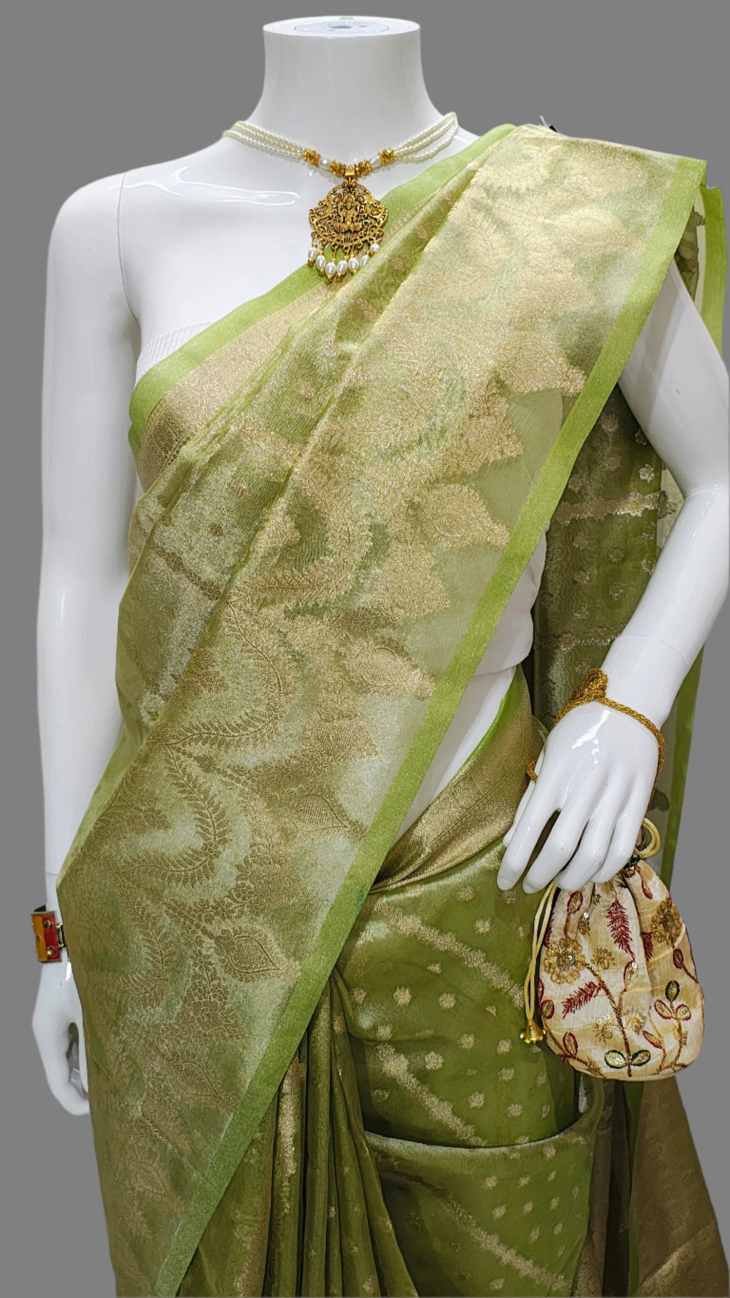 Light Green Tissue Gold Alwar Pattola Banarasi Saree