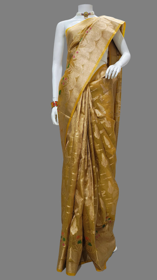 Yellow Tissue Banarasi Saree With Gold Alwar Pattola Weaving