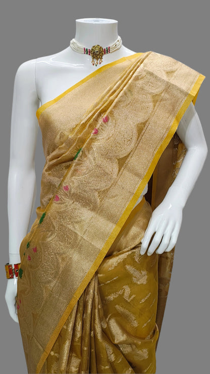 Yellow Tissue Banarasi Saree With Gold Alwar Pattola Weaving