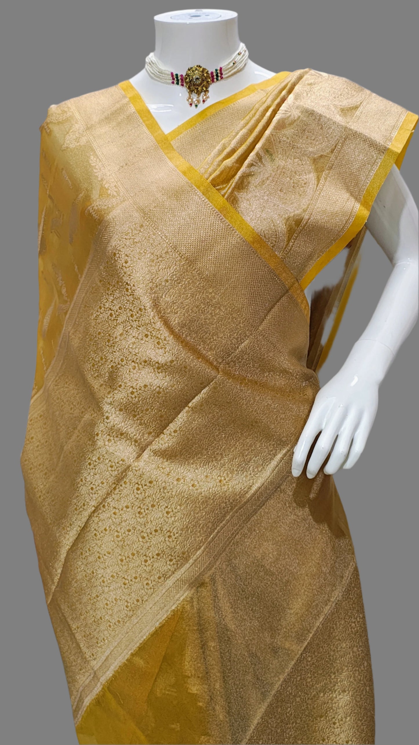 Yellow Tissue Banarasi Saree With Gold Alwar Pattola Weaving