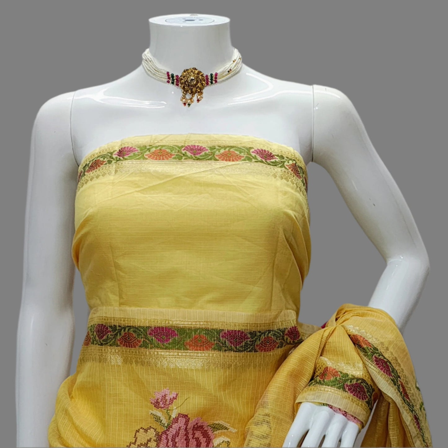 Yellow Kota Doria Embroidery Banarasi Saree