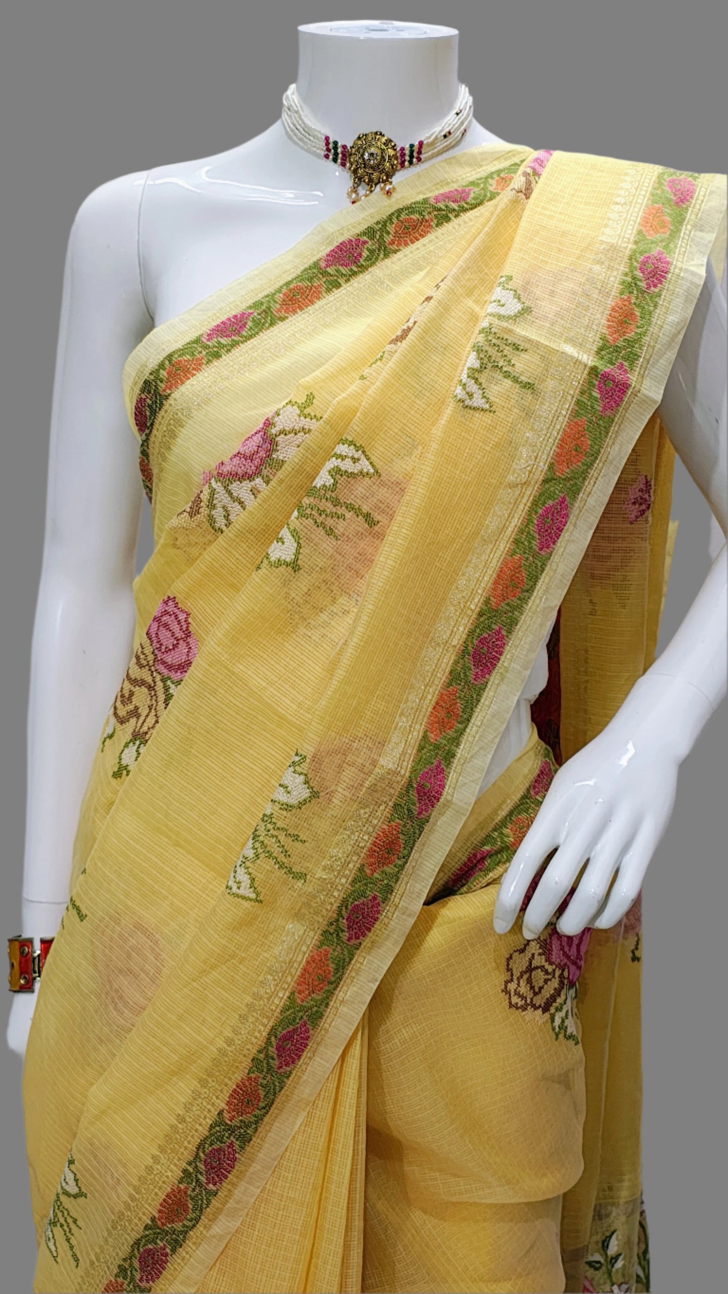 Yellow Kota Doria Embroidery Banarasi Saree