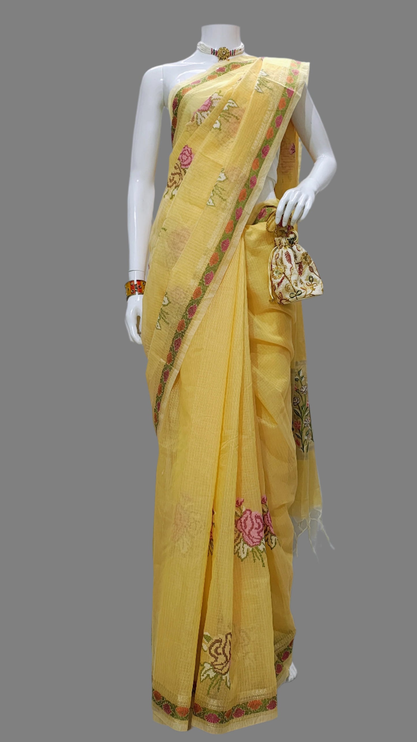 Yellow Kota Doria Embroidery Banarasi Saree