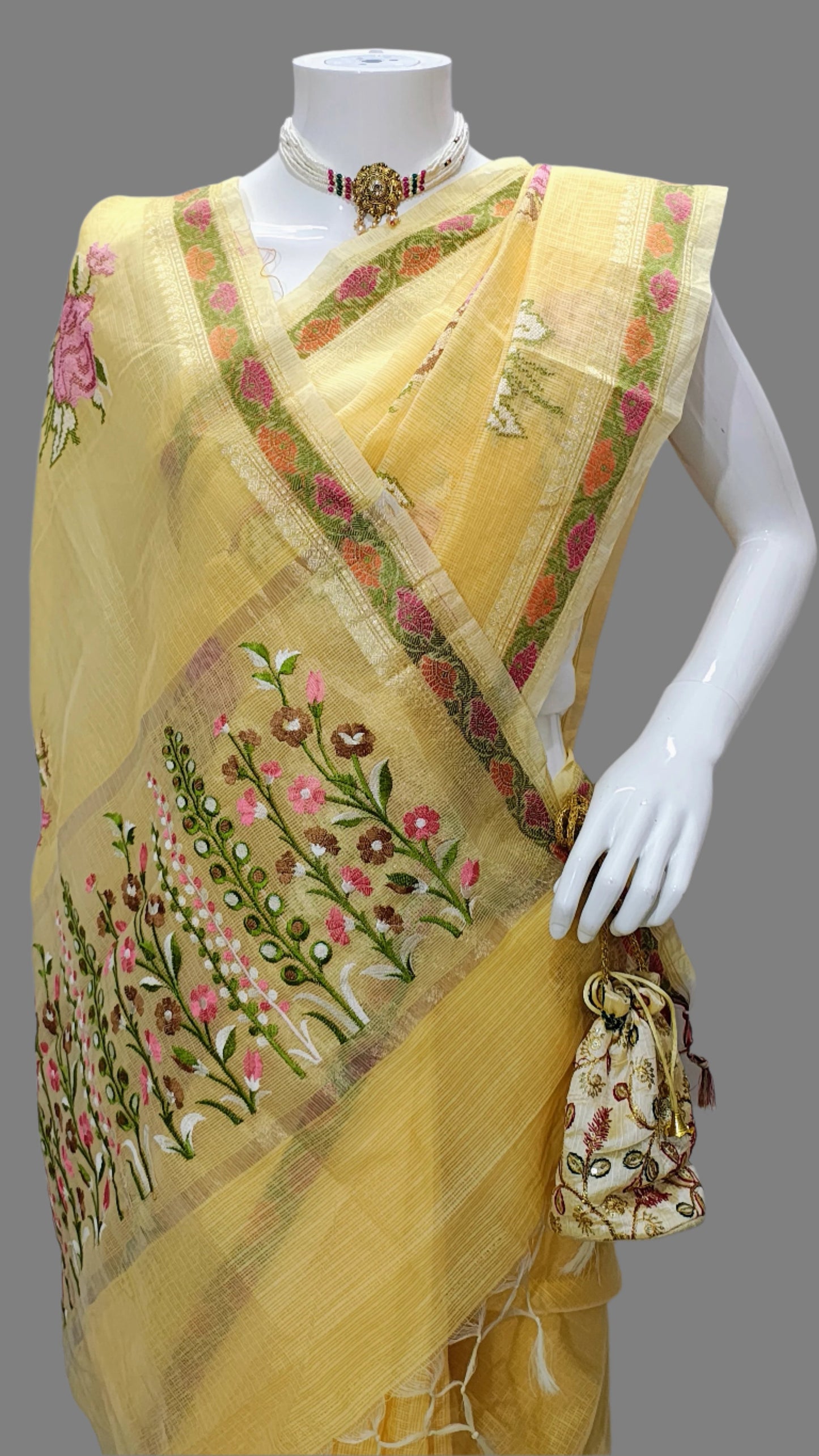 Yellow Kota Doria Embroidery Banarasi Saree