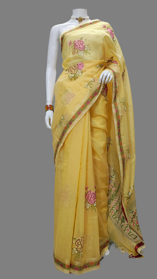 Yellow Kota Doria Embroidery Banarasi Saree