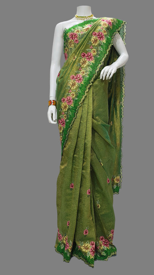 Green Tissue Crush Banarasi Saree With Unstitched Blouse