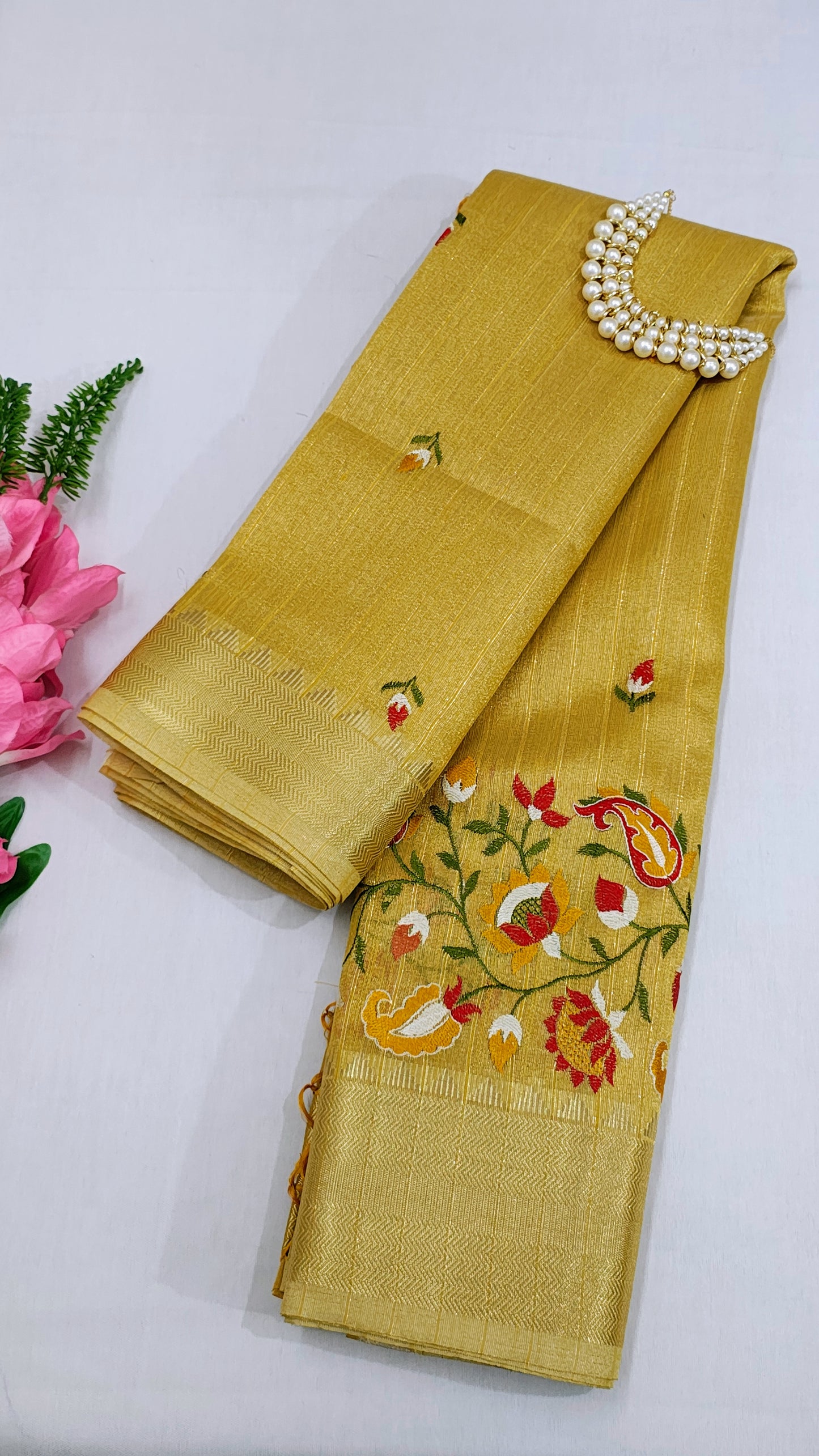 Yellow Linen Tissue Embroidery Banarasi Saree