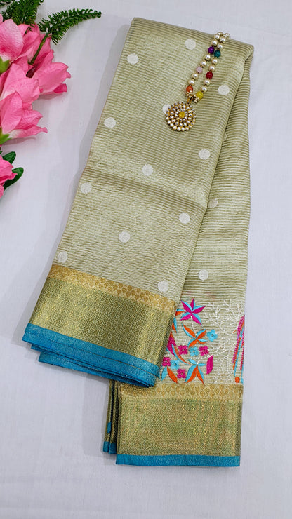 Banarasi Tissue Crushed Embroidery Saree With Unstitched Blouse