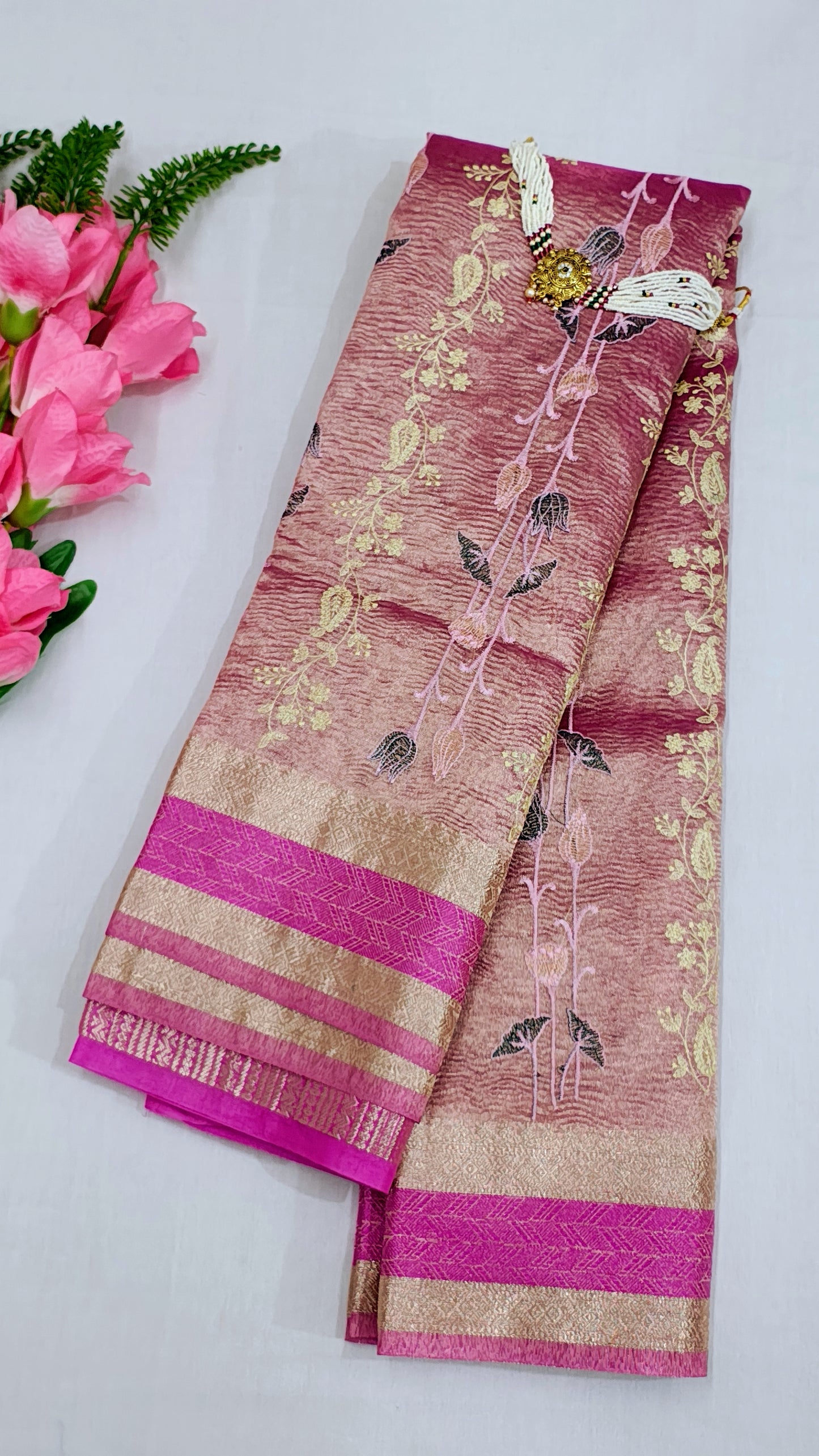 Pink Tissue Crushed Meena Embroidery Banarasi Saree With Unstitched Blouse