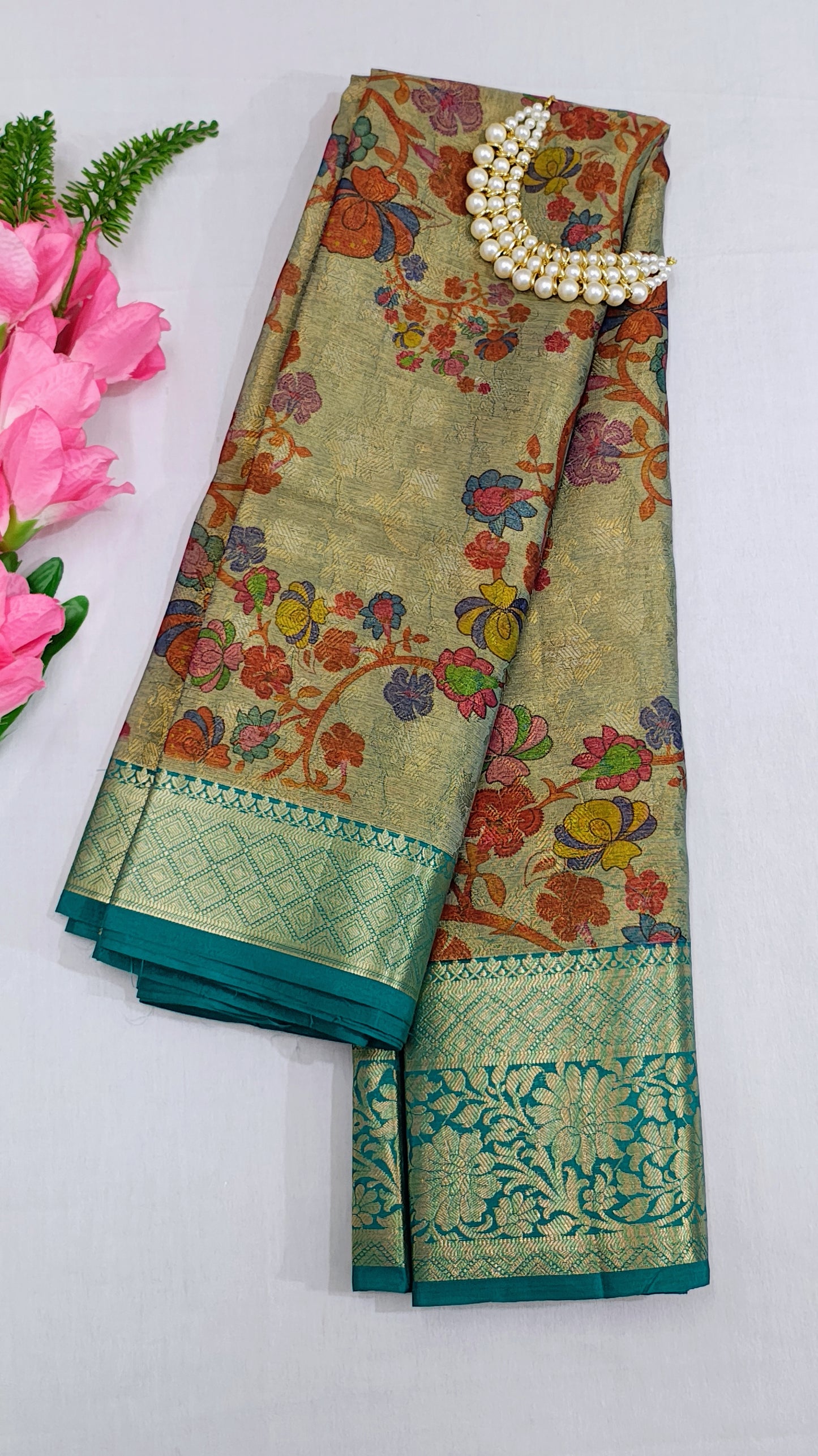 Banarasi Tissue Crushed Skirt Embroidery Saree