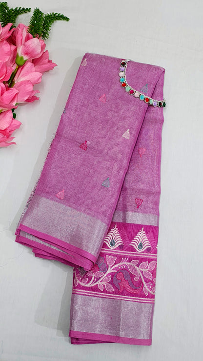 Tissue Linen Cotton Embroidery Banarasi Saree