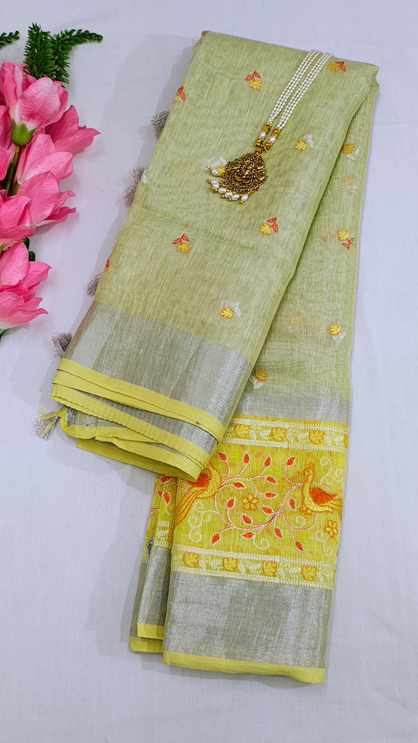 Tissue Linen Cotton Embroidery Banarasi Saree