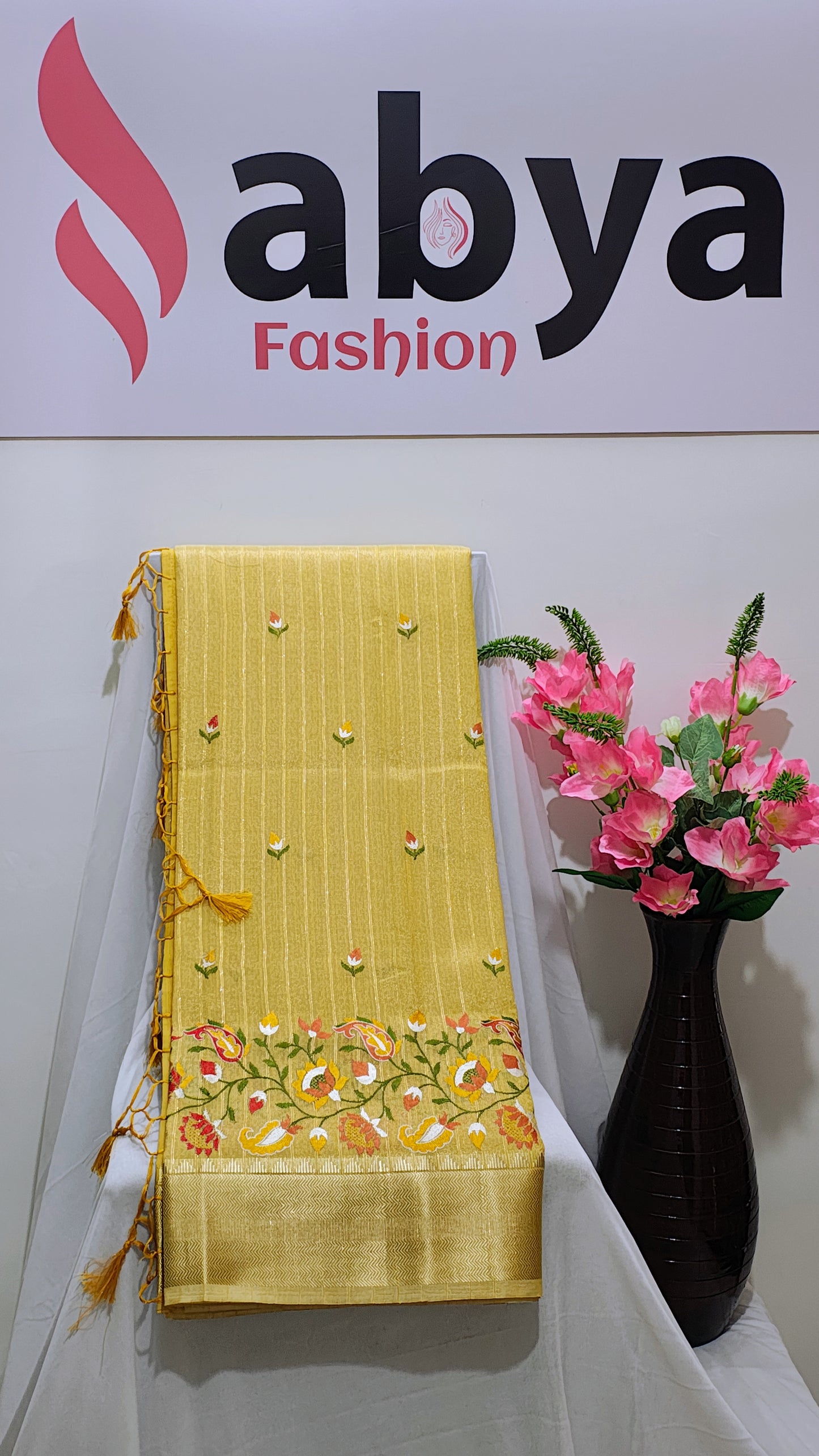 Yellow Linen Tissue Embroidery Banarasi Saree