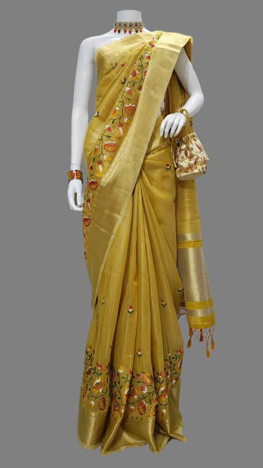 Yellow Linen Tissue Embroidery Banarasi Saree