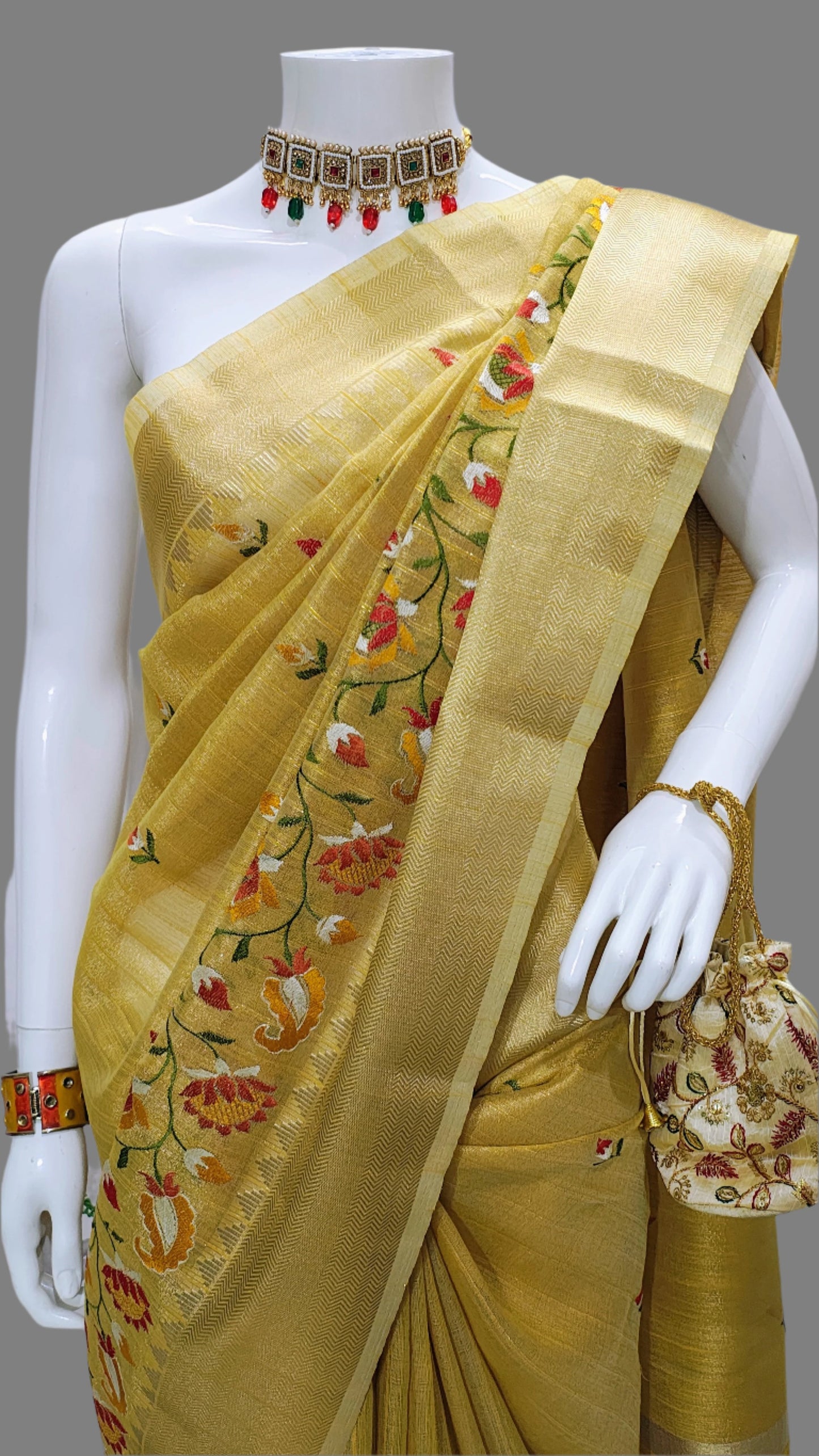 Yellow Linen Tissue Embroidery Banarasi Saree