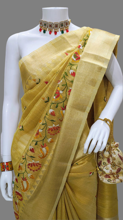 Yellow Linen Tissue Embroidery Banarasi Saree