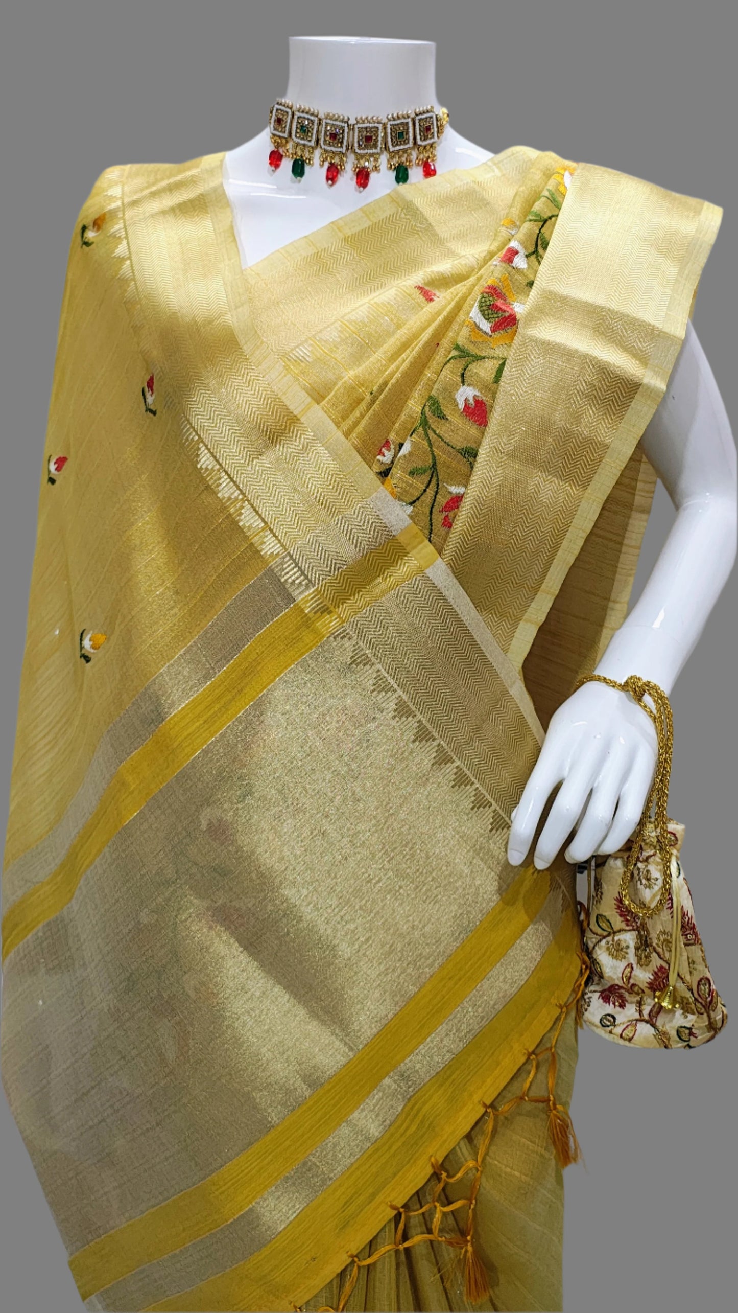 Yellow Linen Tissue Embroidery Banarasi Saree