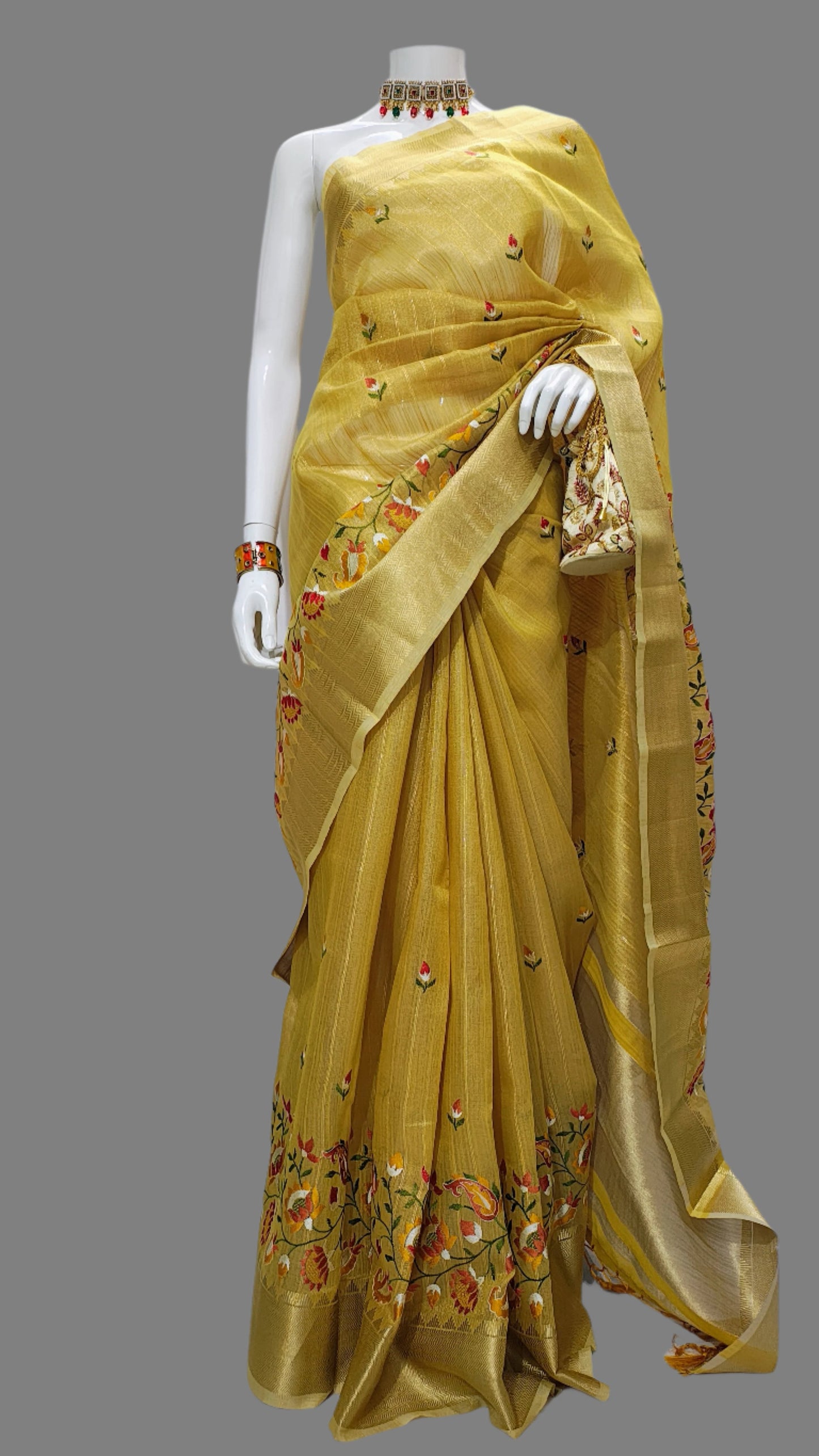 Yellow Linen Tissue Embroidery Banarasi Saree