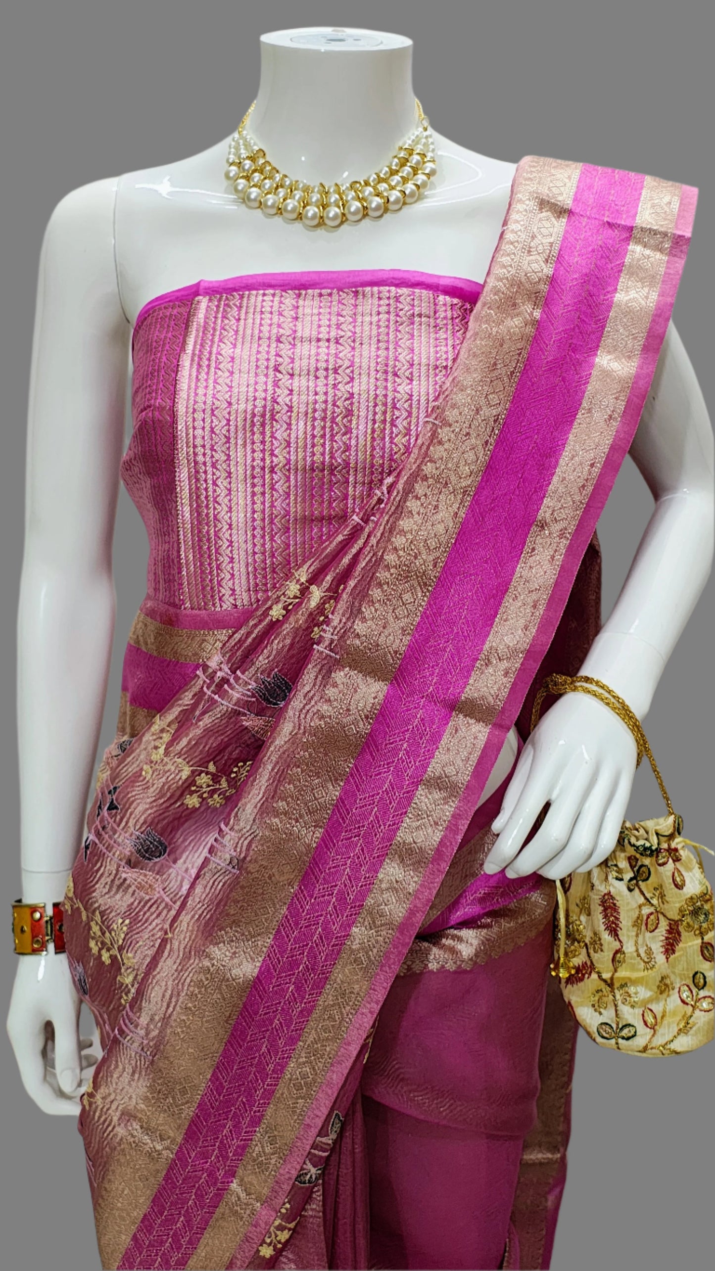 Pink Tissue Crushed Meena Embroidery Banarasi Saree With Unstitched Blouse