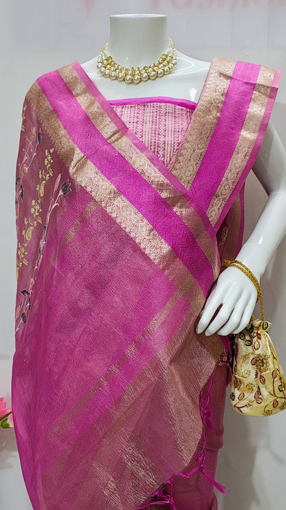 Pink Tissue Crushed Meena Embroidery Banarasi Saree With Unstitched Blouse