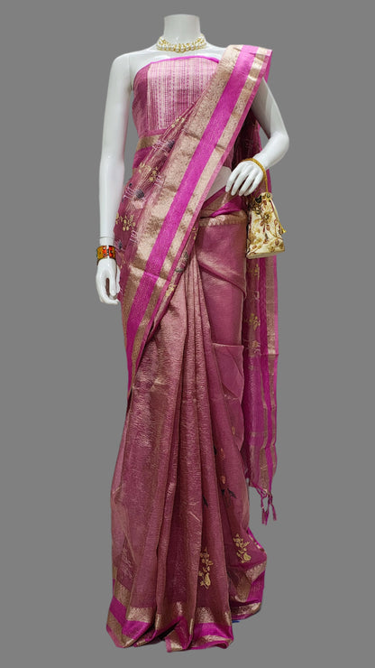 Pink Tissue Crushed Meena Embroidery Banarasi Saree With Unstitched Blouse