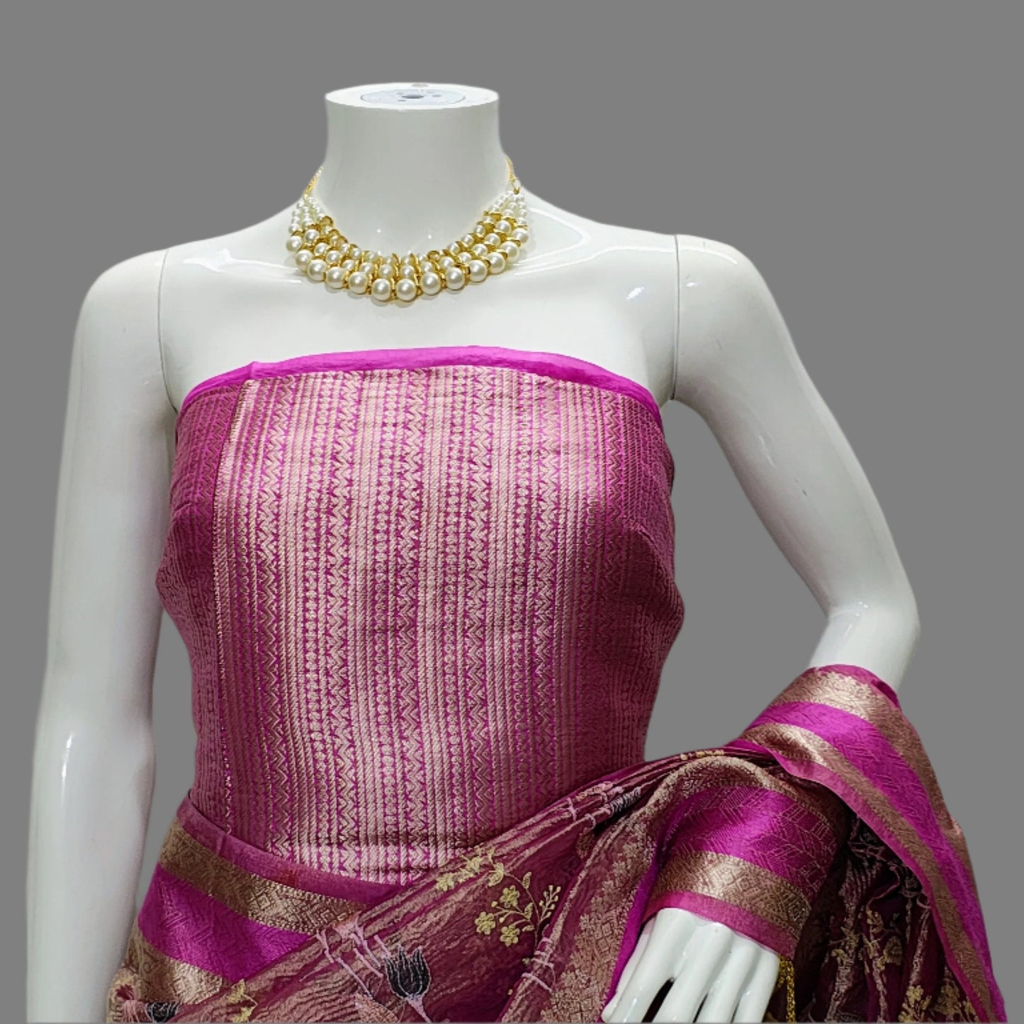 Pink Tissue Crushed Meena Embroidery Banarasi Saree With Unstitched Blouse